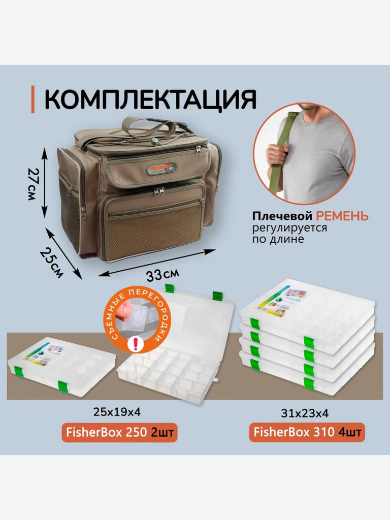 Сумка для рыбалки Fisherbox C103 41х 31х22 см, в комплекте 6 коробок для приманок