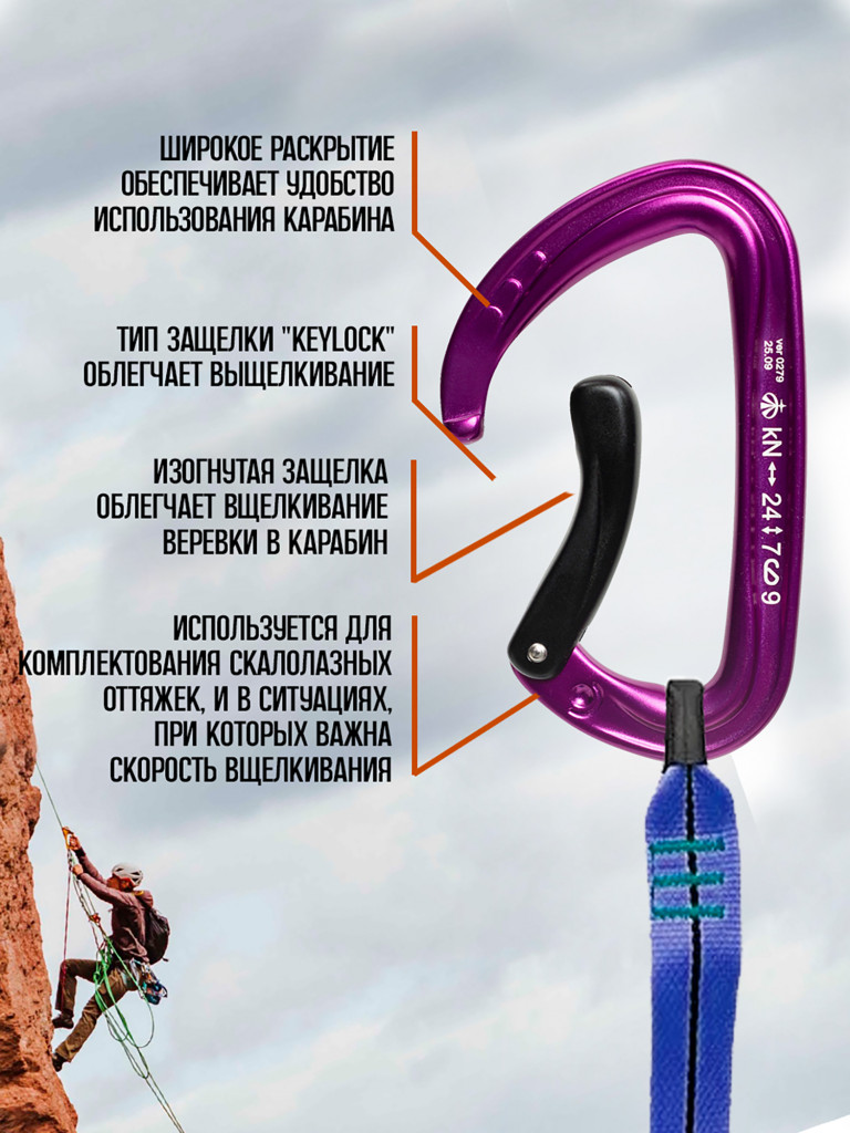Карабин скалолазный с изогнутой защелкой фиолетовый.Вертикаль