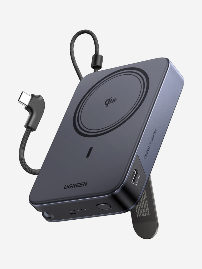Внешний аккумулятор UGREEN PB568 (65176B) Magnetic Power Bank 10000mAh 30W USB-C с портом USB-C 15W Qi2, встроенным UBS-C кабелем, подставкой