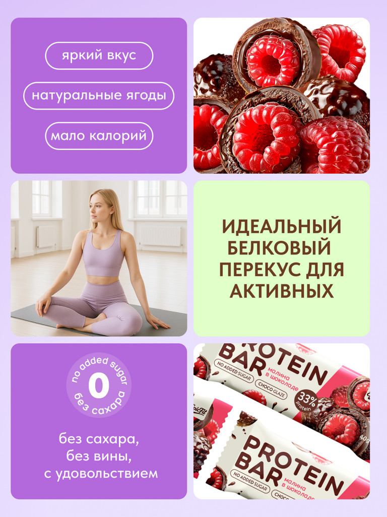 Протеиновые батончики без сахара, в глазури, Малина в шоколаде, 16шт