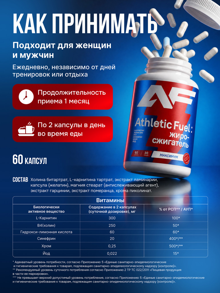 Таблетки для похудения, жиросжигатель, ускорение метаболизма, снижение аппетита и веса, L-карнитин, хром, сжигание жира при тренировках и диете, очищение организма, 60 капсул / Athletic Fuel