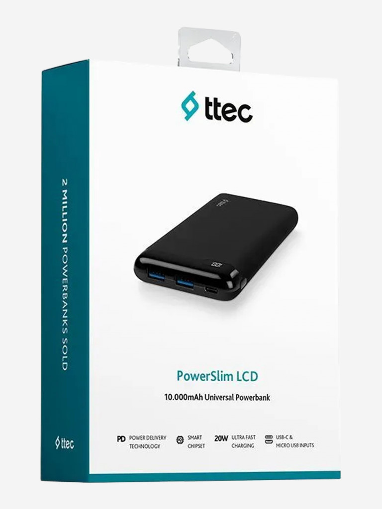 Внешний аккумулятор TTEC PowerSlim LCD PD 10000 mAh 20W Powerbank USB-C Input/Output. Цвет: черный