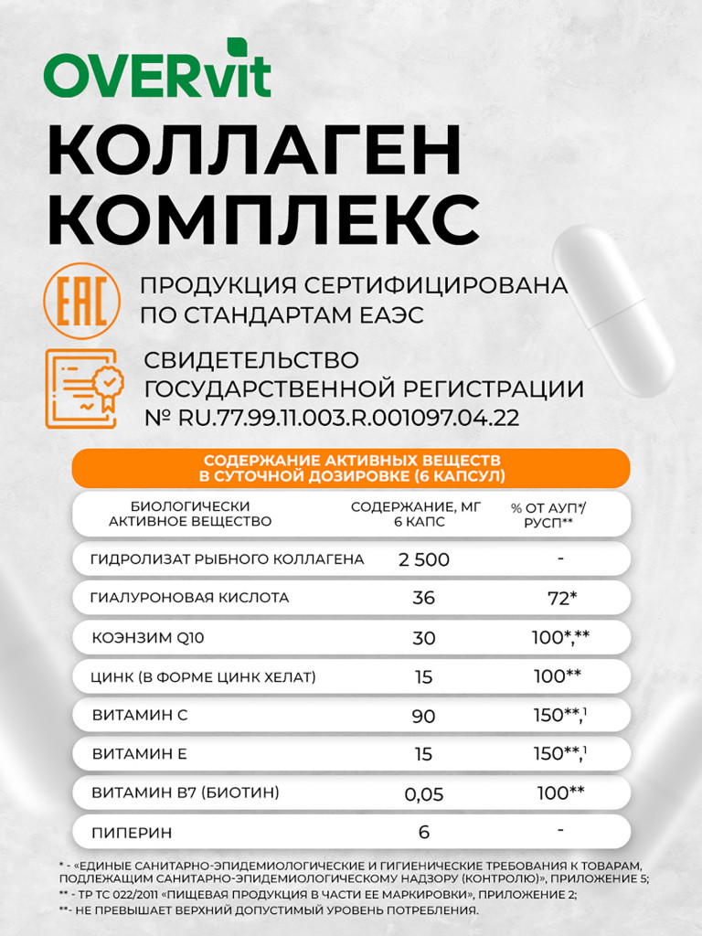 Комплекс коллаген морской, цинк, коэнзим q10 OVER, 120 капсул