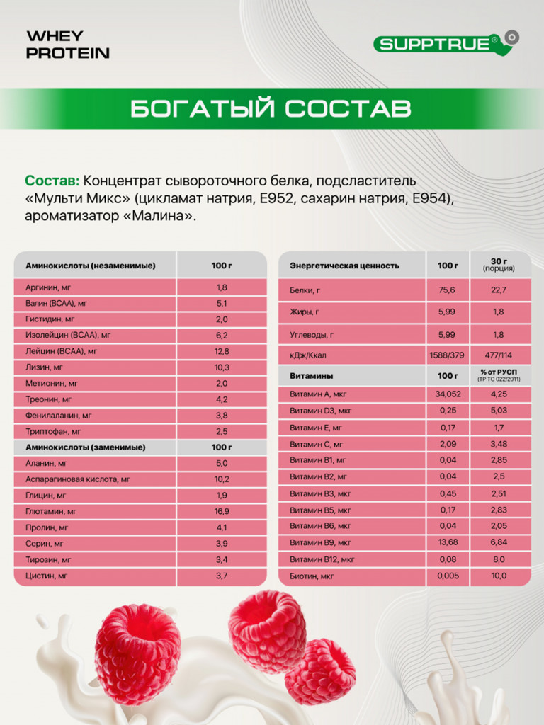 Протеин сывороточный Supptrue / whey protein / со вкусом малины/ 1000г