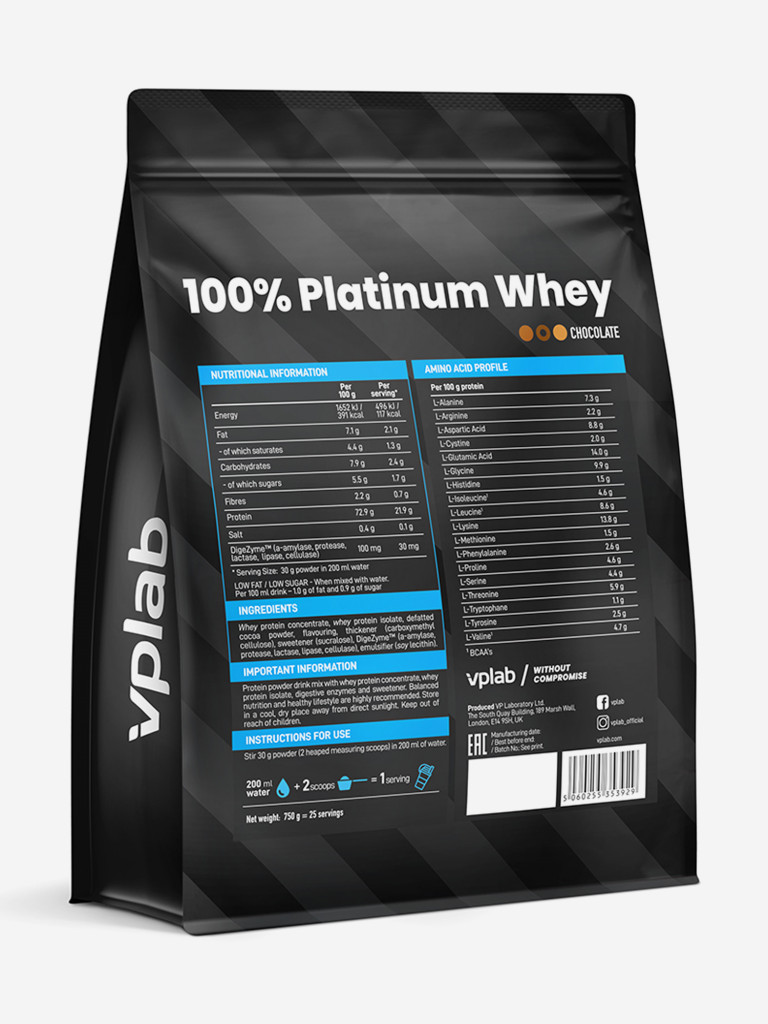 Протеин Vplab Nutrition 100% Platinum Whey "Шоколад", 750 г