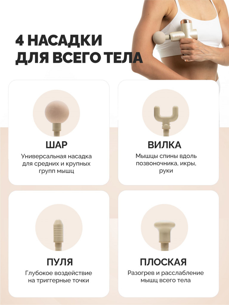 Перкуссионный беспроводной массажер для шеи, спины и плеч GESS Mini Revolver, массажный пистолет, ударный массажер, 4 насадки