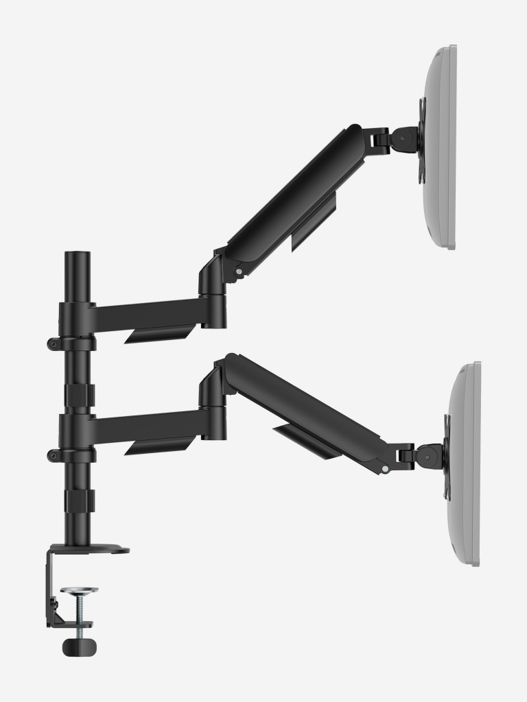 UNITEKI FMGT92PIPE кронштейн для 2 мониторов со струбциной, газлифт, крепление на трубе, 17-34", вертикальная регулировка, нагрузка 2-9 кг на каждый монитор