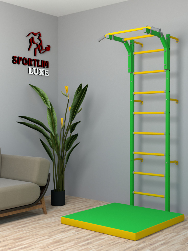 Детская шведская стенка SportLim LUXE со съемным турником "Зелено-желтая"