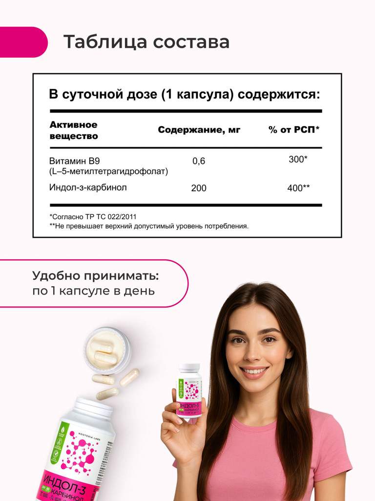 Индол-3 Карбинол + B9 Nooteria Labs, для поддержки женского здоровья 60 капсул