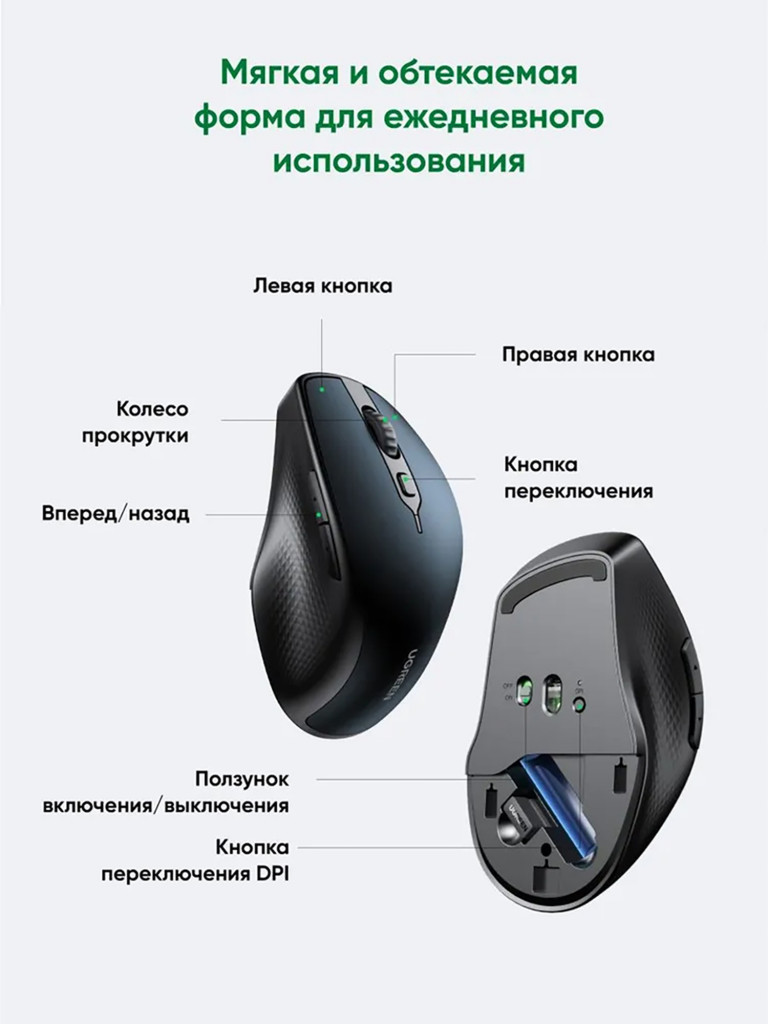 Мышка компьютерная беспроводная UGREEN MU101 (15807) Ergonomic Contoured-Shape Design Wireless Mouse 2.4 GHz/BT
