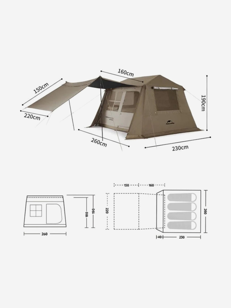 Палатка Naturehike Village 6.0 II поколения 4-местная, коричневая