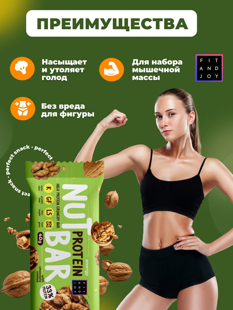 Протеиновые батончики без сахара, Грецкий орех, набор 16шт