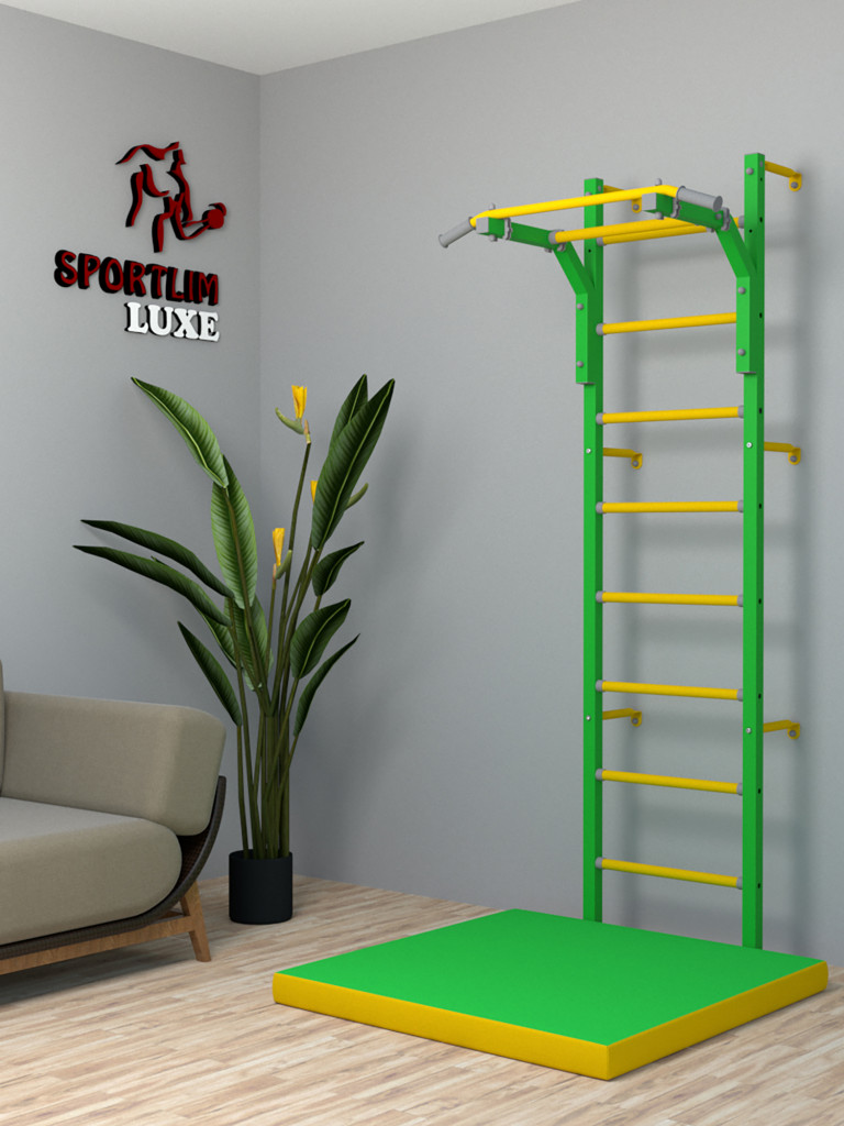 Детская шведская стенка SportLim LUXE со съемным турником "Зелено-желтая"