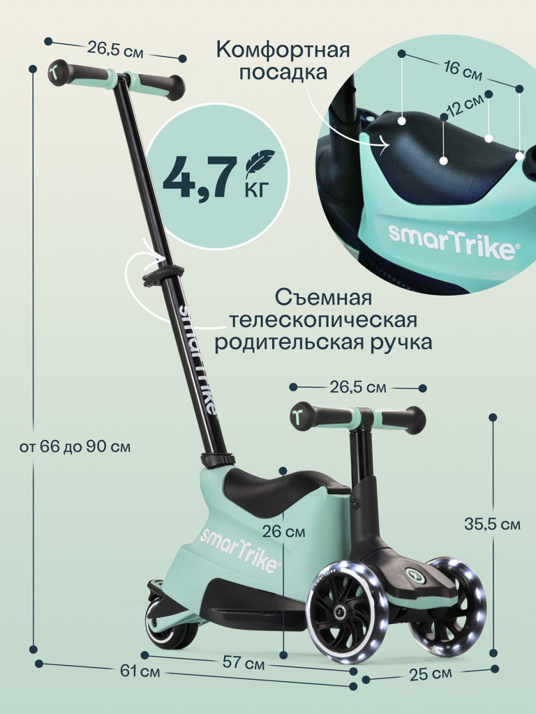 Растущий складной трехколесный самокат-трансформер 3в1 SmarTrike Xtend Ride-on с ручкой и сиденьем, от 12 мес. до 12 лет