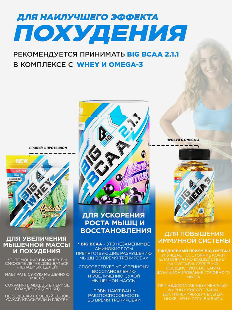 BCAA 2:1:1 BIGSNT/ комплекс аминокислот для роста мышц / порошок, 400 грамм (80 порций), вкус Черная Смородина