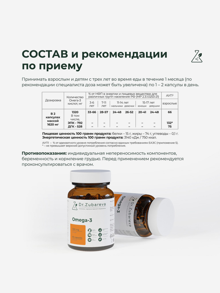 Омега 3 в капсулах 1320 мг, 60 капсул, Dr.Zubareva