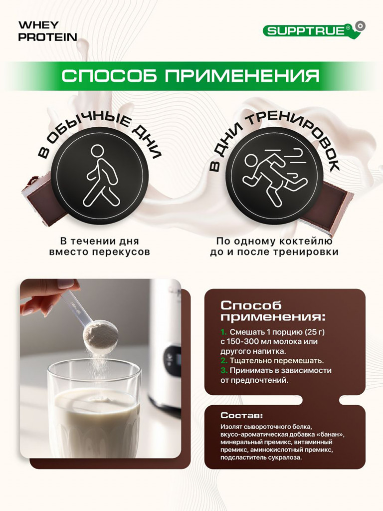 Протеин Supptrue 1 кг. изолят сывороточного белка без сахара со вкусом Шоколада