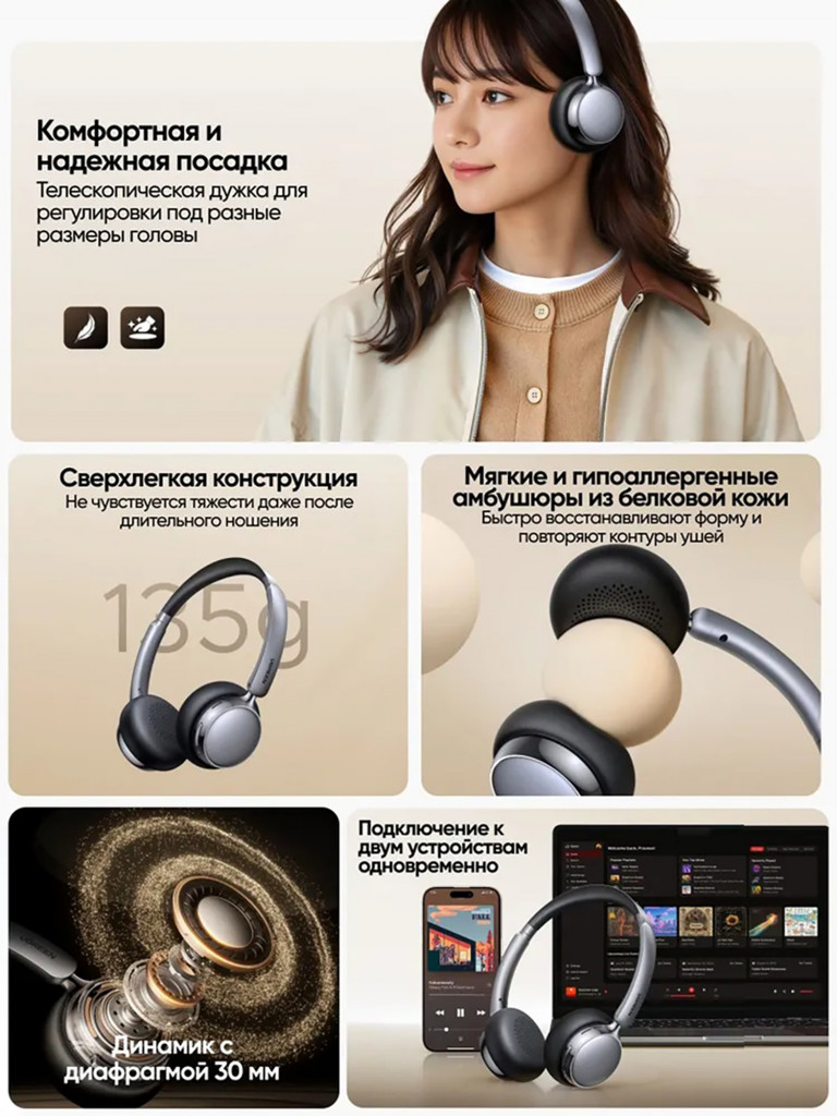 Наушники беспроводные накладные UGREEN HP207 (75630) Studio Plus Bluetooth Active Noise-Cancelling Headphones