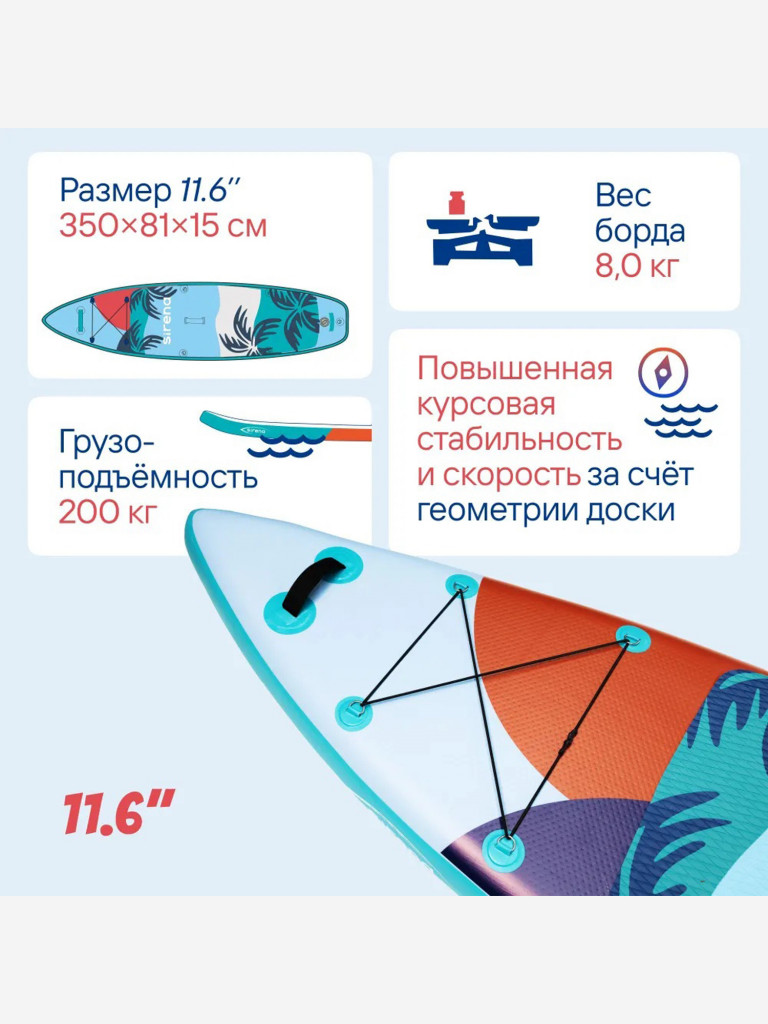 Надувная SUP-доска SIRENA PALMA 11.6, 350*81*15см, двухслойная, с веслом-каяк, двухфазным насосом и страховочным лишем