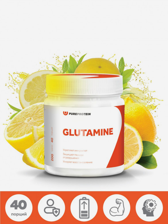 Глютамин, L-Glutamine аминокислота PureProtein, лимон, 200г