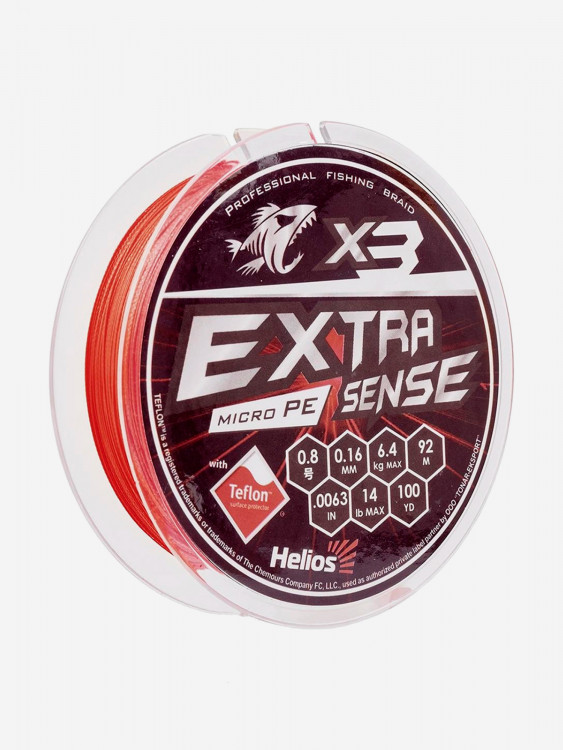 Шнур плетеный для рыбалки Helios Extrasense X3 PE, 92м, 0,16мм, 6,4кг, красный