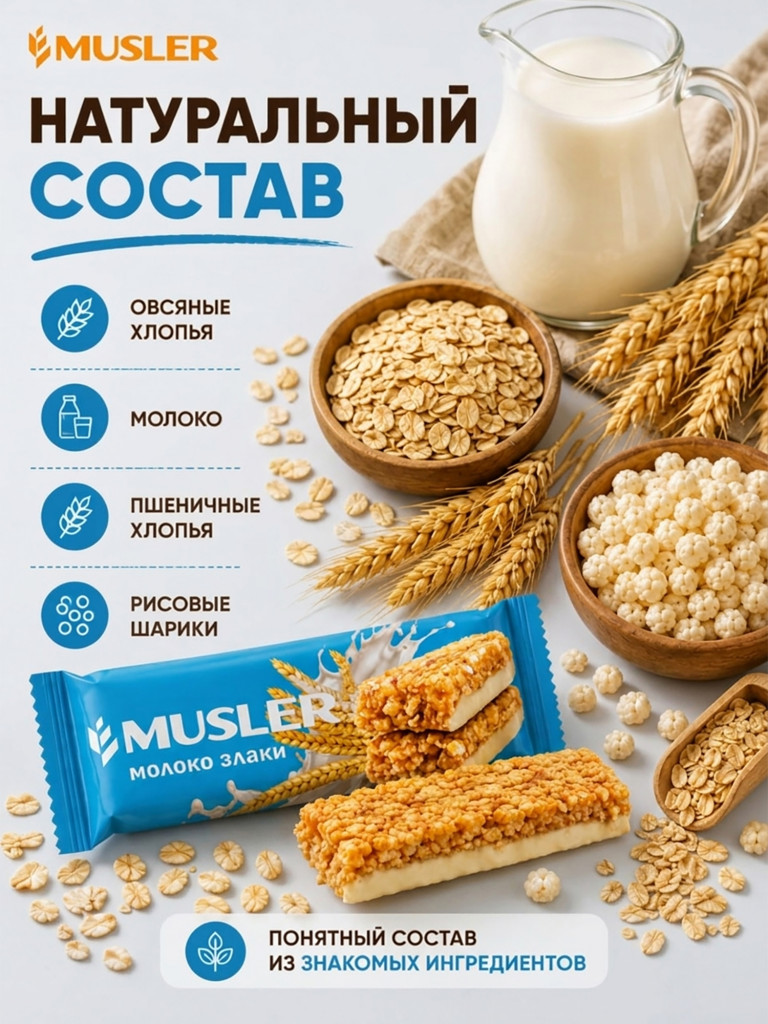 Батончики мюсли детские MUSLER Молоко и злаки, 25 шт