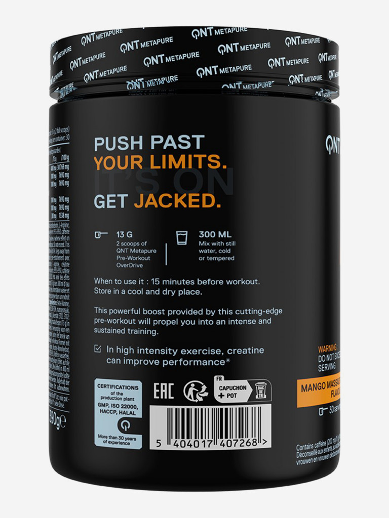 Предтренировочный комплекс, Креатин, Бета Аланин, QNT Metapure Pre-Workout Overdrive 390г, Манго.