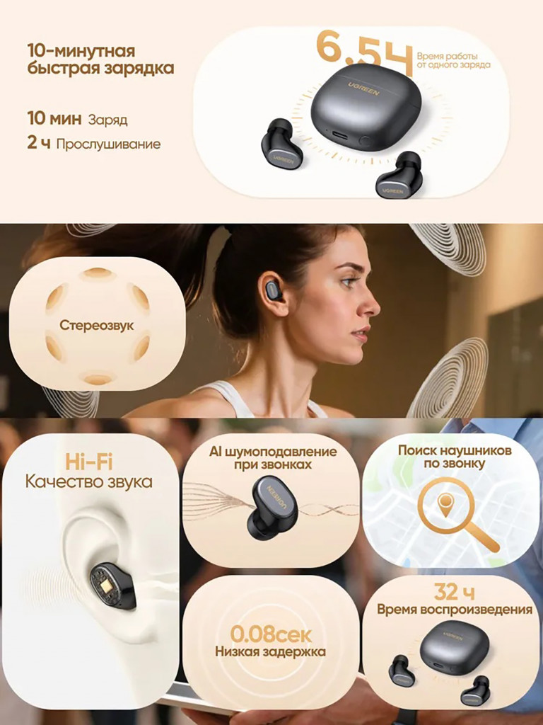 Наушники беспроводные UGREEN WS220 (75628) Wireless Bluetooth HiTune Dots Earbuds