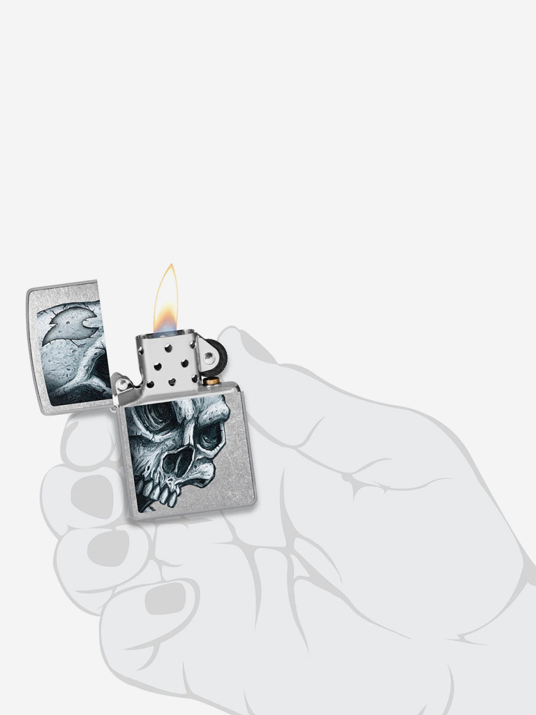 Зажигалка бензиновая ветроустойчивая Zippo Skull and Flame Street Chrome