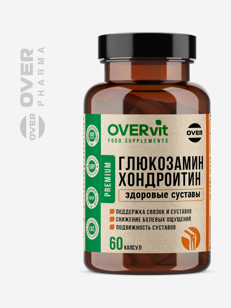 Комплекс глюкозамин, хондроитин OVER, для суставов и связок, 60 капсул