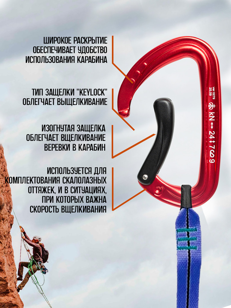 Карабин скалолазный с изогнутой защелкой розовый. Вертикаль
