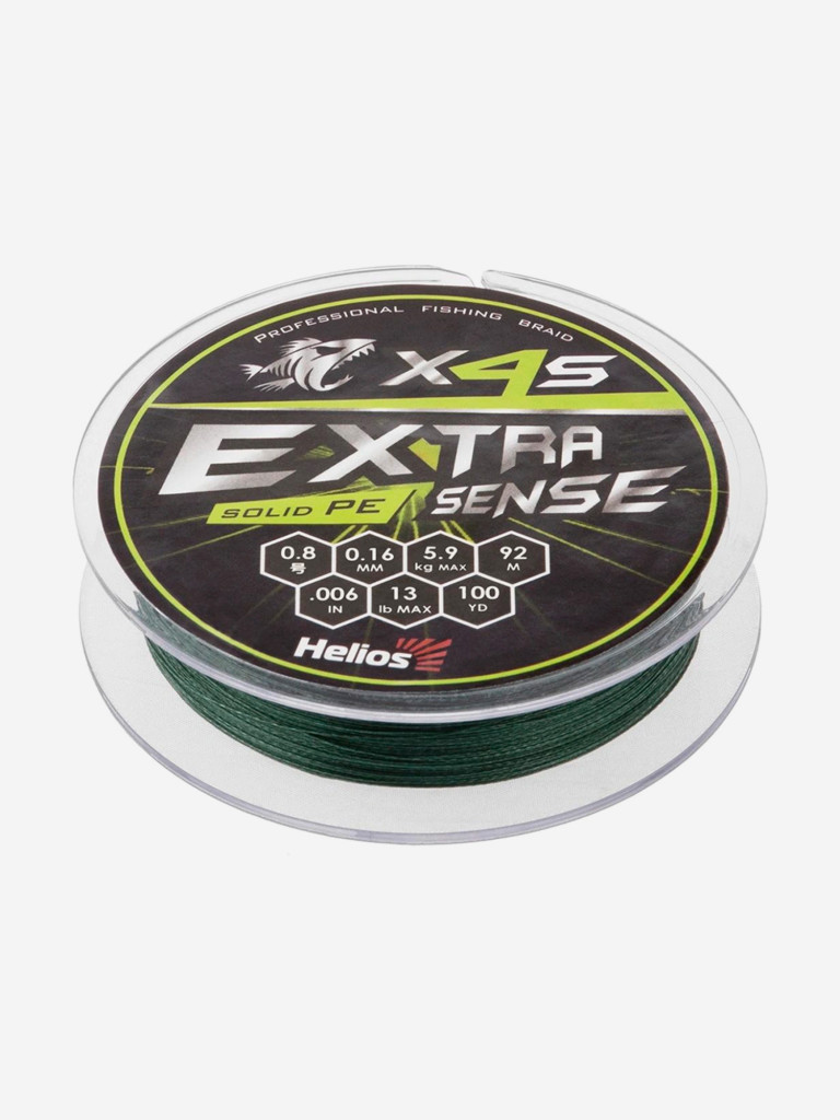 Шнур плетеный для рыбалки Helios Extrasense X4S PE, 92м, 0,16мм, 5,9кг, зеленый