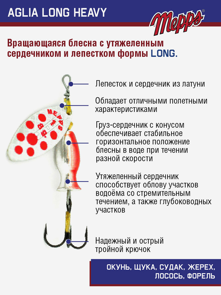 Блесна Mepps AGLIA LONG HEAVY 1 AG PTS ROUGE