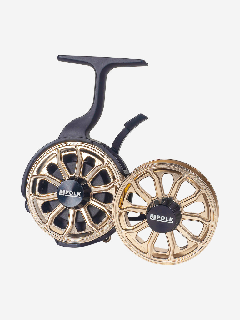 Катушка для рыбалки зимняя мультипликаторная с запасной шпулей FOLKFISHING Neo Gold DS
