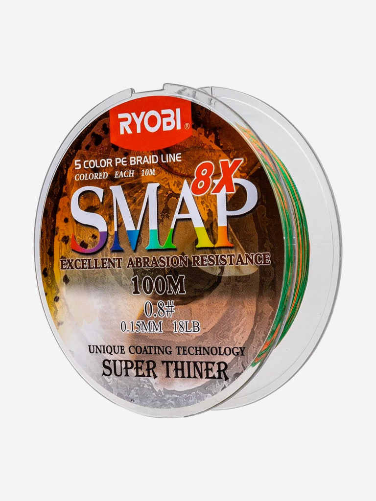 Шнур плетеный для рыбалки Ryobi SMAP PE8X, 100м, 0,148мм, 2кг, мультиколор