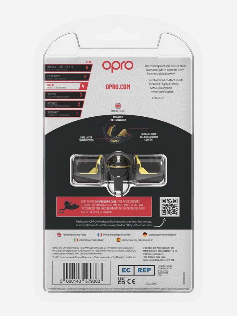 Боксерская капа для брекетов взрослая, спортивная, защитная для зубов OPRO Self-Fit Gold Braces - Black