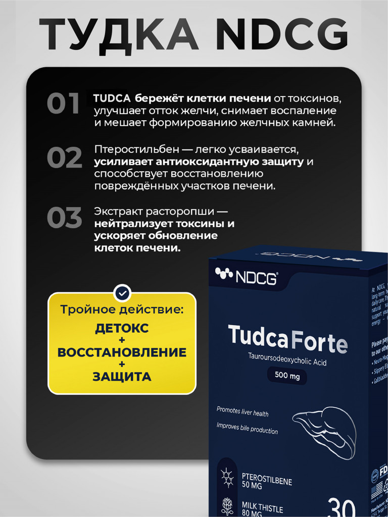 Тудка Форте TUDCA Forte (тауроурсодезоксихолевая кислота) NDCG, 500 мг, 30 капсул
