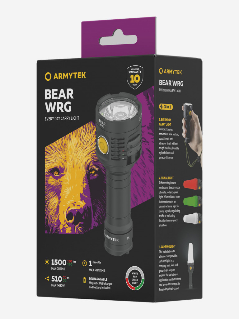 Фонарь ручной Armytek Bear WRG Magnet USB, белый, красный, зеленый, 1500 лм