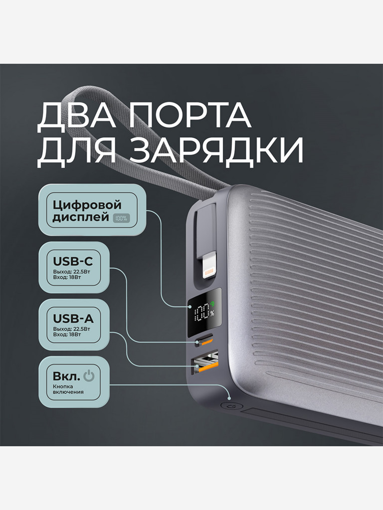 Внешний аккумулятор NRG Turbo Cable 20000 мА-ч (77Вт-ч), 22,5Вт