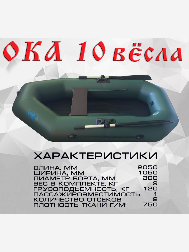 Надувная лодка Ока 10 весла (205 см) гребная, цвет зеленый, одноместная