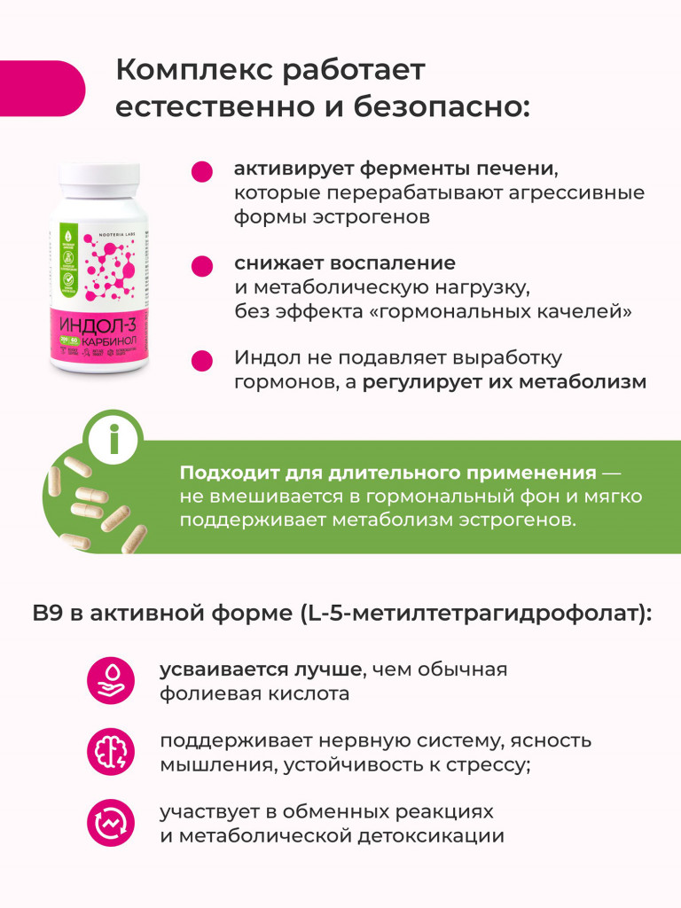 Индол-3 Карбинол + B9 Nooteria Labs, для поддержки женского здоровья 60 капсул
