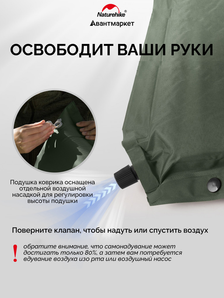 Коврик Naturehike CNK2450WS020 D04 10см с подушкой R7.8 самонадувной туристический зеленый