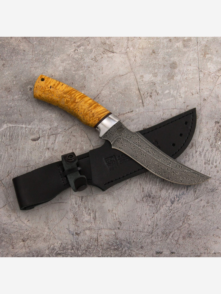 Нож Златоустовский оружейный завод Сокол (нержавеющая дамасская сталь дикии, кап клёна стабилизированный/ал.) нож для охоты, разделочный нож