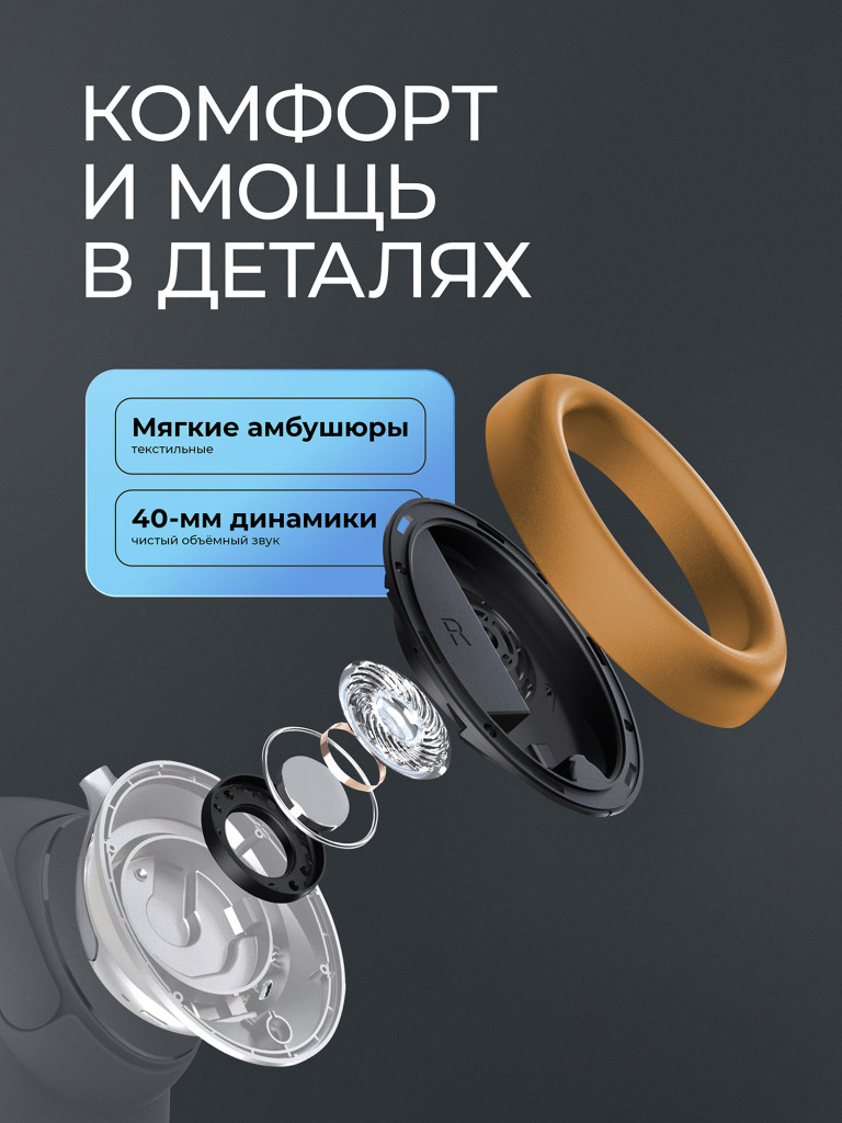 Беспроводные накладные наушники Stereo Core ANC, шумоподавление, bluetooth 6.0, 400 мАч