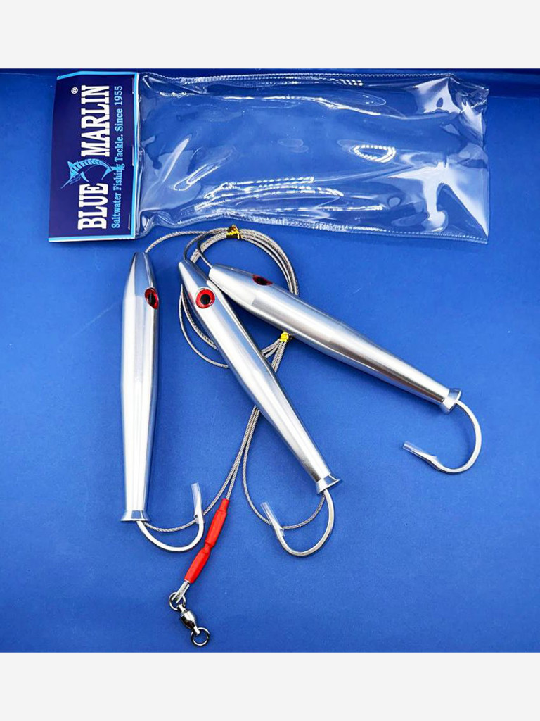 Приманка Blue Marlin Super Tuna 3 x 150 мм 290 г, стая кальмаров из трех штук с крючками Mustad Big Game на стальном нержавеющем тросике