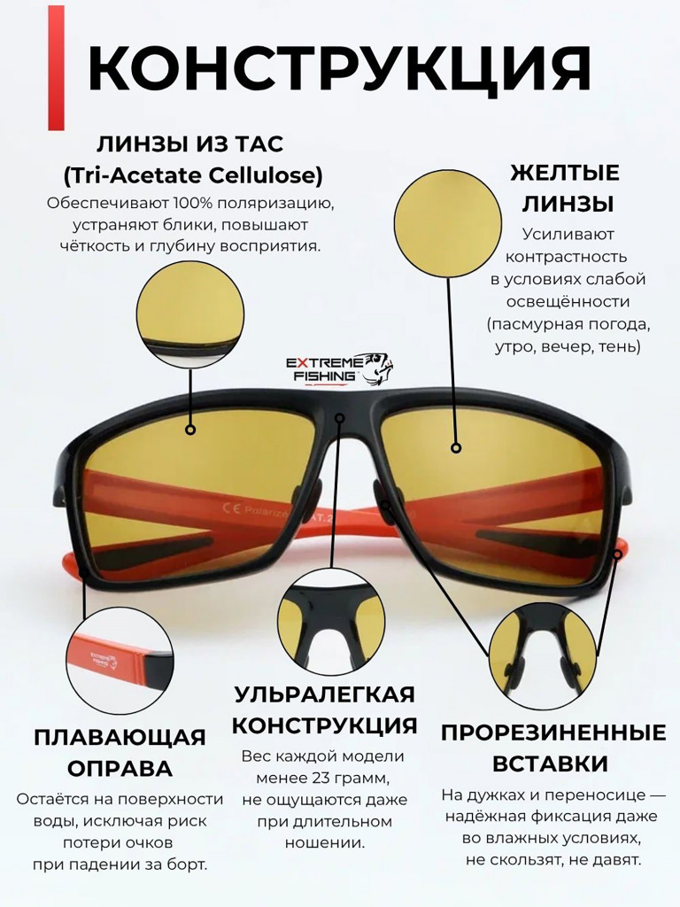 Очки солнцезащитные поляризационные Extreme Fishing Obsession OBS-156, линзы желтые, для рыбалки и вождения