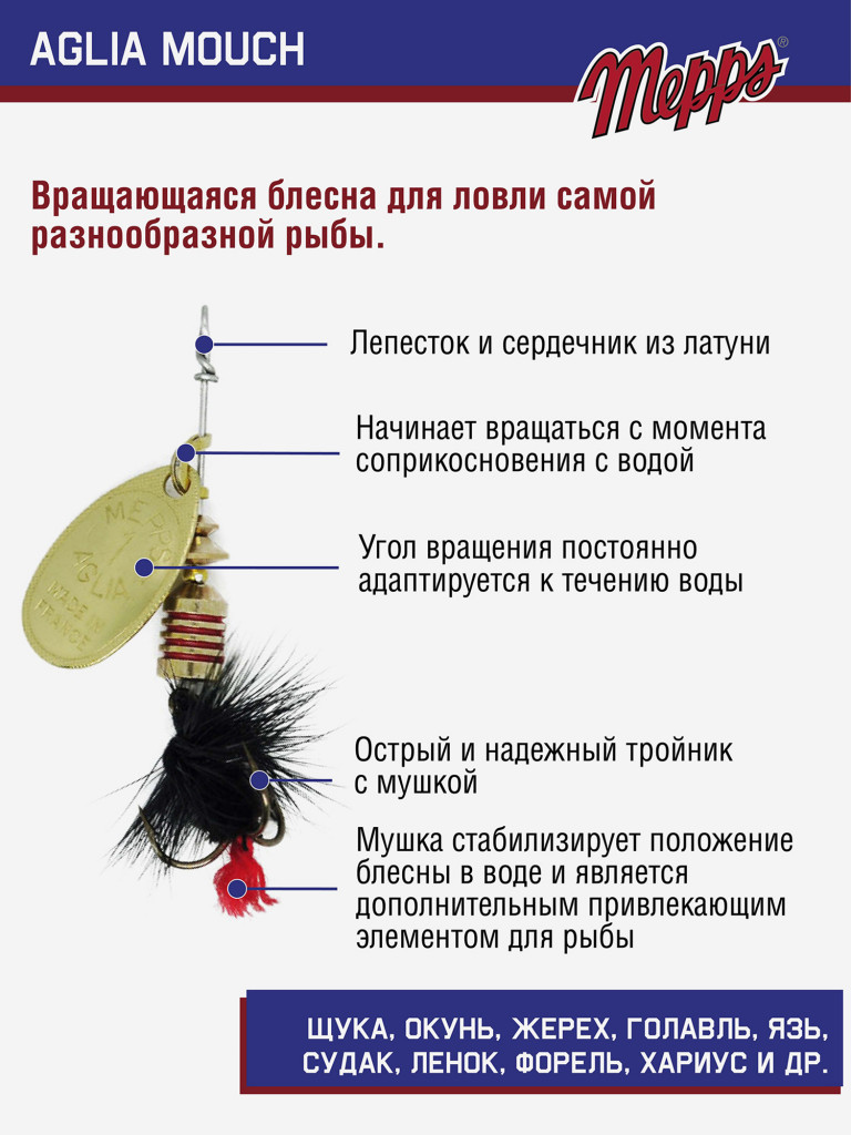 Блесна вращающаяся для рыбалки Mepps AGLIA MOUCH на щуку, окуня