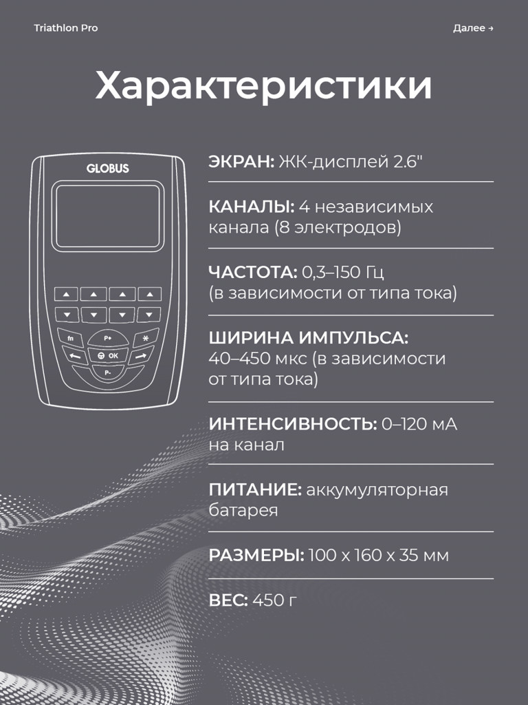 Миостимулятор микротоковый GLOBUS The TRIATHLON, электрический массажер для мышц тела, пресса, 424 программы