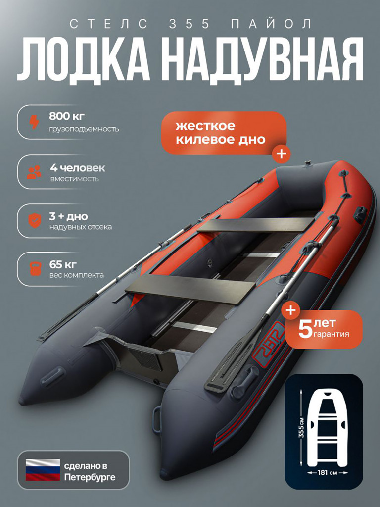 Лодка пвх под мотор Хантер Стелс 355 серый красный