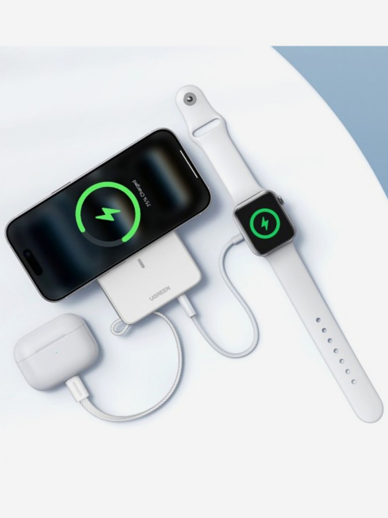 Внешний аккумулятор UGREEN PB773 (95027B) "MagFlow" 30W W-less 10000mAh Qi2.2 Power Bank&Built-in Cable (CCC) со встроенным кабелем USB-C